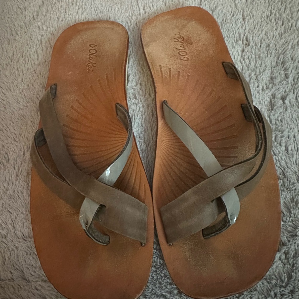 OluKai Brown Leather Cross-Strap Flip Flops
